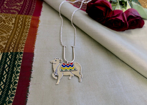 Gorgeous, enamel 'gau' (cow) necklace (PB-2609-N)  Necklace, Pendant Sterling silver handcrafted jewellery. 925 pure silver jewellery. Handmade in India, fair trade, artisan jewellery. Lai