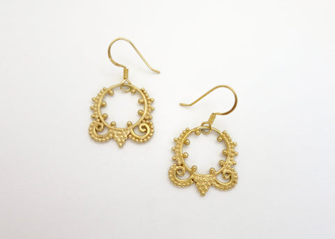 Delicate, small, Hellenic, gold-plated granulation and wire work earrings