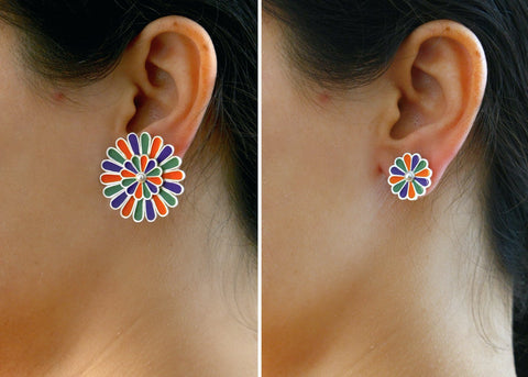 Artistic, modular earrings with removal enamel floral studs in center - Lai