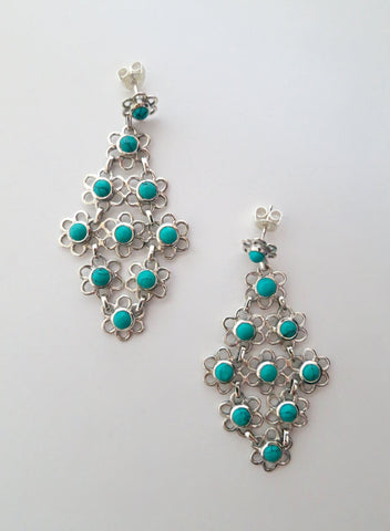 Beautiful and unique, long, flexible, linked floral units Samarkand turquoise earrings - Lai