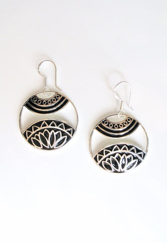 Beautiful, artistic, round dangling earrings with fine black enamel work