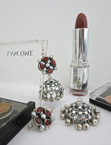 Classic and chic, detachable, jali jhumkas with garnet and pearl tops
