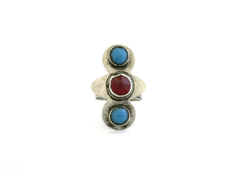 Classic Central Asian Turkmen ring with turquoise and red stone - Lai