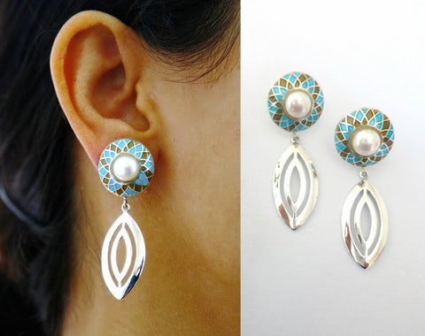 Classic, navette-shape earrings in blue and sepia enamel with pearl center - Lai