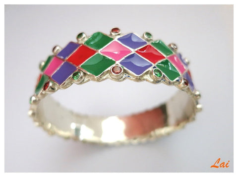 Colorful, conversation-starter, broad bangle with gems and hand-painted enamel work - Lai