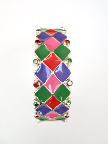 Colorful, conversation-starter, broad bangle with gems and hand-painted enamel work - Lai