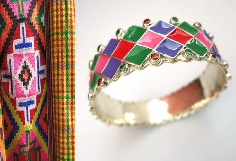 Colorful, conversation-starter, broad bangle with gems and hand-painted enamel work