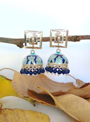 Contemporary, Nathdwara enamel jhumkas with square cut out top - Lai
