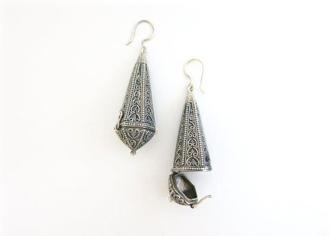 Conversation starting, long, amuletic earrings with fine wire and granulation work