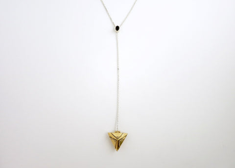 Dainty, long, bi-metal lariat necklace with gold plated brass triangular locket on sterling silver chain