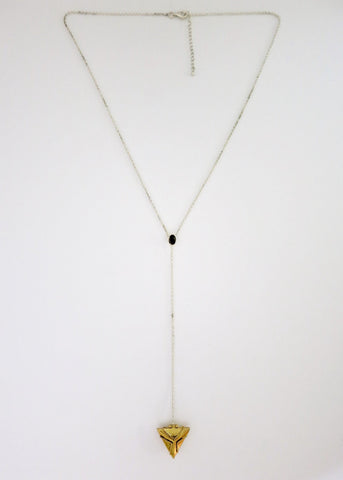 Dainty, long, bi-metal lariat necklace with gold plated brass triangular locket on sterling silver chain - Lai