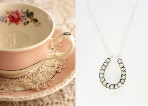 Dainty, pearl encrusted horse-shoe pendant necklace