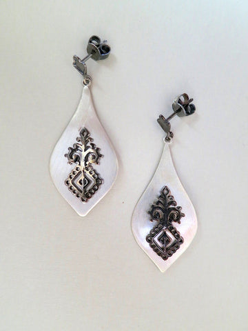 Elegant, dangle drop, satin finish earrings with black rhodium plated detailing - Lai
