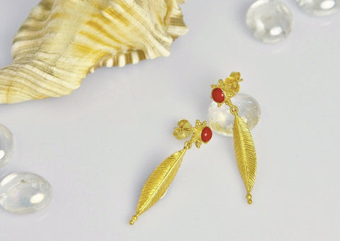 Elegant, gold-plated, leaf and coral earrings