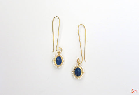 Ethereal, long hook lapis and pearl earrings - Lai