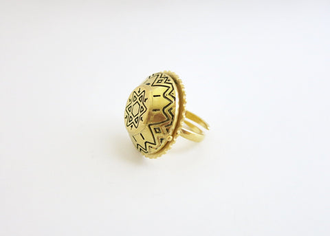 Ethno-tribal, flat top dome, gold-plated brass amulet ring