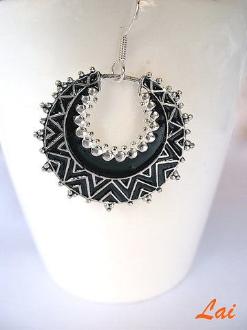 Exquisite, crescent shape, dangle earrings with fine black enamel work - Lai