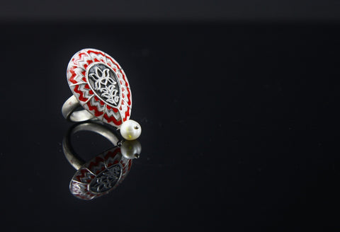 Exquisite, drop-shape, chevron enamel ring with a dangling pearl (available in 2 colorways) - Lai