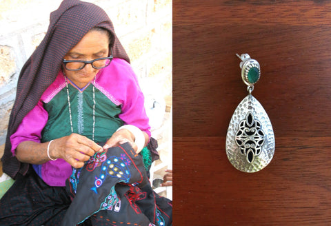 Exquisite, jali work and hammer finish earrings accented with green stone