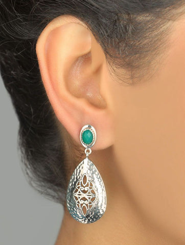Exquisite, jali work and hammer finish earrings accented with green stone - Lai