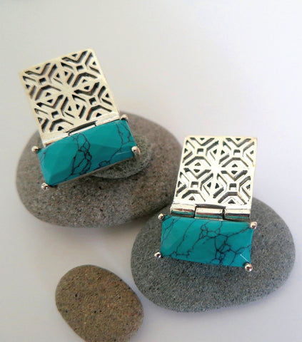 Exquisite, rectangular Samarkand jali pattern earrings with faceted turquoise - Lai