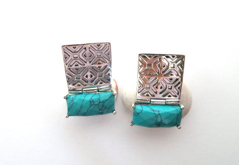 Exquisite, rectangular Samarkand jali pattern earrings with faceted turquoise