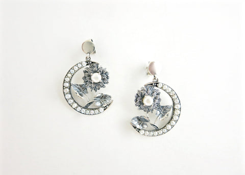 Exquisite, seed pearl, crescent and flower Victorian earrings - Lai