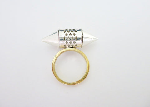 Exquisite, sterling silver, tubular amuletic ring with a gold-plated brass shank
