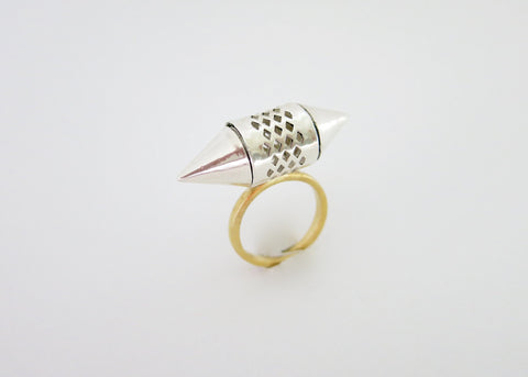 Exquisite, sterling silver, tubular amuletic ring with a gold-plated brass shank - Lai