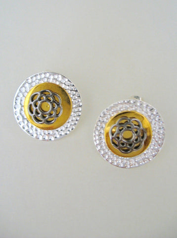 Exquisite, tri-metal,round ear studs with black rhodium plated detailing in center - Lai