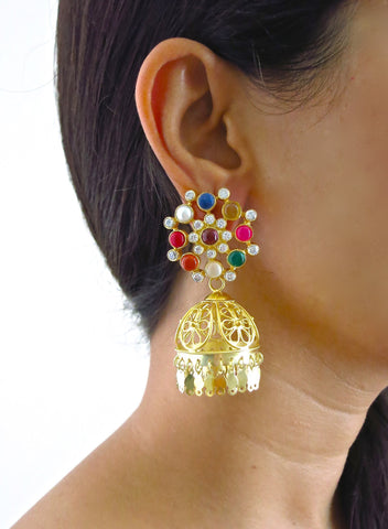 Glamorous, gold-plated, detachable filigree jhumkas with round multi-color gemstone tops - Lai