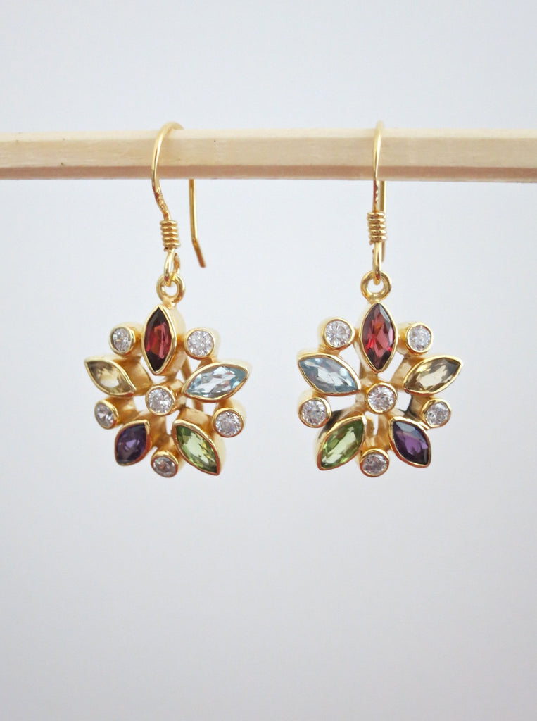 Gold-plated, classic, floral multi-color gemstones earrings - Lai
