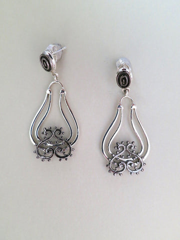 Gorgeous, dangle drop earrings with mehndi inspired black rhodium plated detailing - Lai
