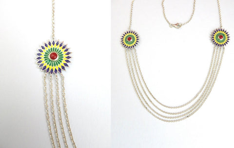 Gorgeous, hand-painted enamel discs with layered chains Himachali necklace - Lai