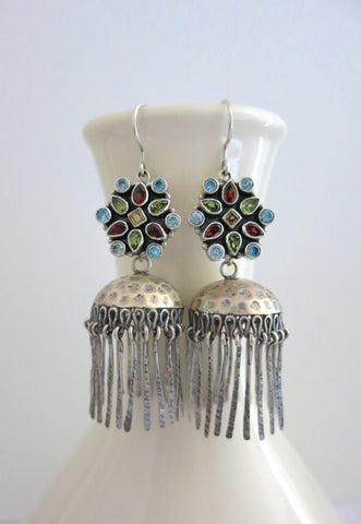 Head-turning, detachable, fringe jhumkas with multi-color gemstones tops