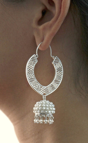Large, chevron cut-out pattern chandelier earrings with 'jhumkis' - Lai