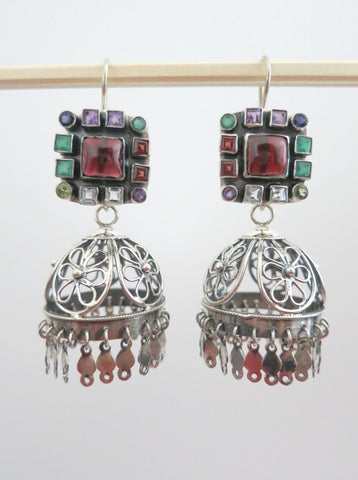 Magnificent, detachable, filigree jhumkas with square multi-color gemstone tops - Lai