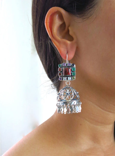 Magnificent detachable filigree jhumkas with square multi colour gemstone  tops. – Lai