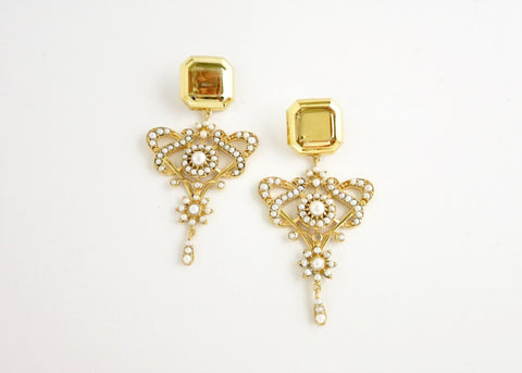 Magnificent, regal, gold plated, pearl encrusted statement earrings - Lai