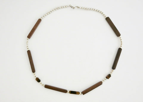 Minimalist wood, silver and tiger's eye necklace - Lai