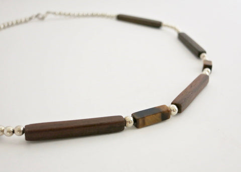 Minimalist wood, silver and tiger's eye necklace