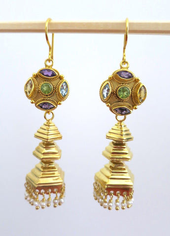 Modern, gold-plated, detachable, tiered jhumkas with multi-color gemstone tops - Lai
