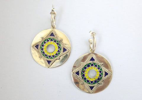 Show-stopping earrings with a dangling enamel disc on small open hoop - Lai