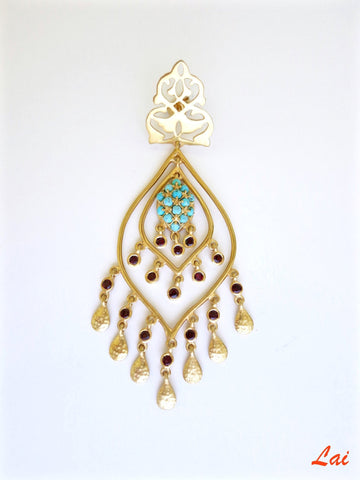 Statement, gold-plated, turquoise and garnet chandelier earrings - Lai