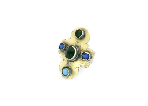 Statement, gold wash Turkmen ring with green and blue stones - Lai