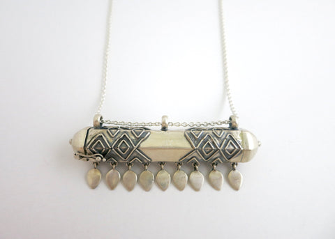 Statement, tribal-chic, tubular, sterling silver, long amuletic necklace