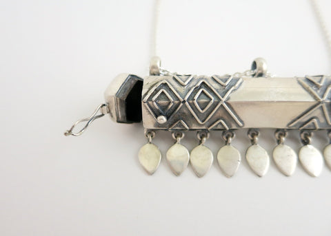 Statement, tribal-chic, tubular, sterling silver, long amuletic necklace - Lai
