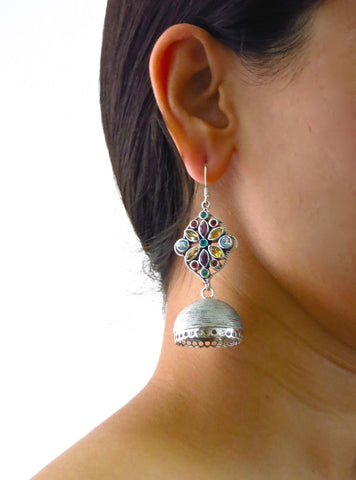 Stunning, detachable, wire-wrapped jhumkas with beautiful multi-color gemstone tops - Lai