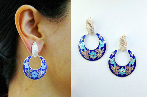 Stunning, floral pattern, crescent earrings in blue and pink Nathdwara enamel - Lai