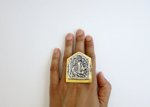 Super sized, bi-metal, hut shape, deity amuletic ring - Lai
